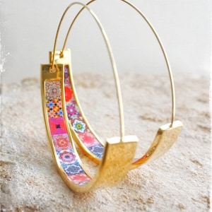 Hoops Earrings Atrio Tile Portugal Stainless Steel  Azulejo -  1.75"  Pink and Red Tiles 4.5cm Lightweight! Ships from USA