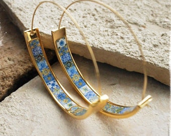 Hoops Earrings Atrio Tile Flat Bottom Portugal Stainless Steel  Azulejo -  1.75"  Blue Gold 16 - 17th Century Tiles USA Shipping