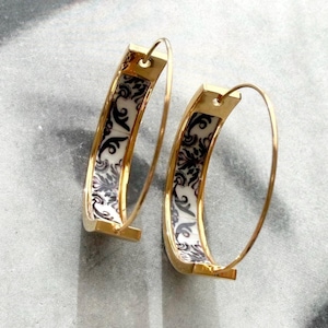 Atrio Hoops Earrings Black and White Tile Portugal Antique Azulejo STAINLESS Steel Hypoallergenic Church of Mercy PoRTO Ships from USA 1"