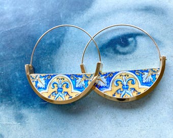 Atrio Tile Hoops Portugal Azulejo 17th Century Gold Blue -Sacristy of Viseu Cathedral and Fronteira Palace Stainless Steel Hoops 1.50"