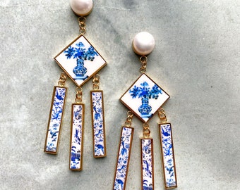 Atrio Fringe Earrings Japan Willow Spode Minton Delft Pottery Porcelain Chinoiserie Asian Freshwater Pearl Stainless Steel Coimbra Pottery