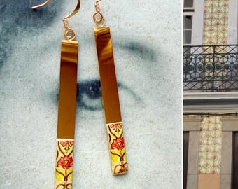 Atrio Earrings Bar Dipped Chipped Fragment Tiles Ovar  Majolica Stainless Steel Art Nouveau Hypoallergenic Minimal Ships from USA 382
