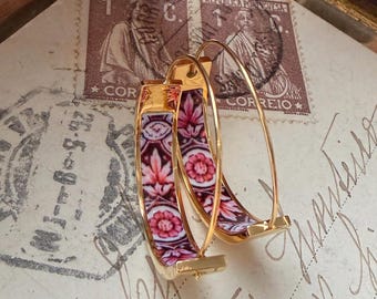 Atrio Earrings Red Tile Hoops 1"  Portugal Antique Azulejo - Ovar Pink Gold Stainless Steel Ships from USA Gift for Her