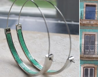 Atrio Flat Bottom Hoop Earrings Atrio Portugal Tile Turquoise Azulejo Caldas da Rainha  Persian Tiles Stainless Steel  Hypo Allergenic 2"