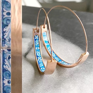 Atrio Hoops Earrings Tile Blue Portugal  STAINLESS STEEL Azulejo University of Evora  Delicate 1.5&quot; Ships from USA Gift for her RosE Gold