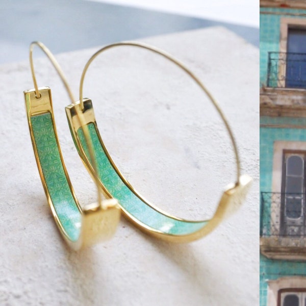 Hoop Earrings Atrio Portugal Tile Turquoise Azulejo Caldas da Rainha  Persian Tiles Gift Boxed SOLID Stainless Steel  Hypo Allergenic 1.50”