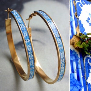 Hoops Earrings Hoop Atrio Tile Blue Portugal  STAINLESS STEEL Azulejo University of Evora  Delicate 2&quot; (5 cm) Ships from USA gold tone