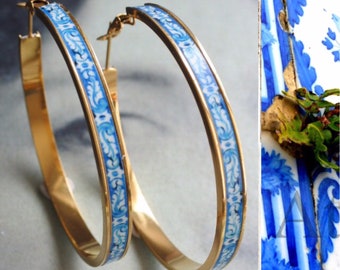 Blue Azulejo Tile Hoop Earrings, Gold Tone Stainless Steel, 2"