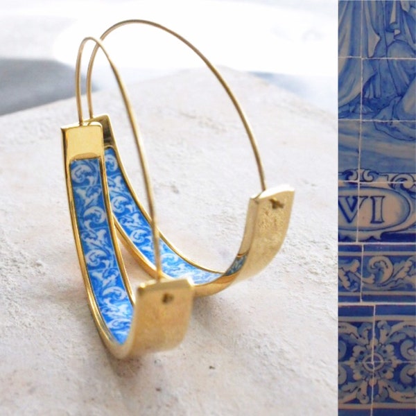 Hoop Earrings Portugal Tile Atrio Stainless Steel Azulejo  1.50" - Évora Chapel of the Bones  16th Century -  USA Shipping