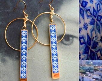 Earrings Tile CIRCLE BAR Atrio Portugal Blue Azulejo Antique Porto Lightweight Stainless Steel Ships from USA 2 Options