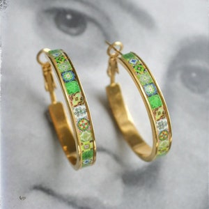 Atrio Hoop Earrings Green Tile Portugal Gold or Silver Toned Stainless Steel Antique Azulejo -  1.25"   Ships from USA Small Hoops