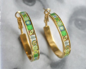 Atrio Hoop Earrings Green Tile Portugal Gold or Silver Toned Stainless Steel Antique Azulejo -  1.25"   Ships from USA Small Hoops
