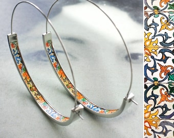 HOOP Earrings ATRIO Portugal Tile Antique Azulejo Delicate CoIMBRA 1590 - Silver Stainless Steel 2" Gift Box Included - Ships from USA