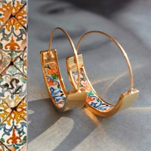 HOOP Tile Earrings by ATRIO Travel Portugal Antique Azulejo tiles dating 1590 -  Stainless Steel 1" Meaningful memories small hoops