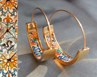 HOOP Earrings ATRIO Portugal Tile Antique Azulejo Pinterest CoIMBRA 1590 -  Stainless Steel 1" Gift Box Included - Ships from USA