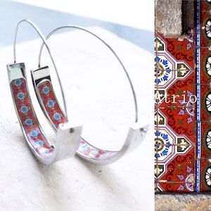 Hoops Atrio Earrings Tile Portugal Stainless Steel Flat Bottom Antique Azulejo - RED Tiles USA Shipping 1.50&quot;