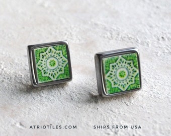Stud Earrings Portugal Green Tile Post Atrio SOLID Stainless Steel  Ilhavo, Green-  Hypo Allergenic Ships from USA 490