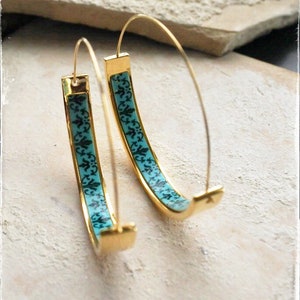 Hoops Earrings ATRIO Hoops Tile Portugal Stainless Steel Antique Azulejo - 1.75" Sea Green Border, Lisbon  Ships from USA Hypo allergenic