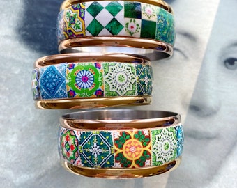 Bangle Bracelet Portugal GREEN Tile Azulejo Atrio Stainless Steel Two Toned  - Church of Mercy PoRTO 1590 - 8 1/4" or 21cm Ships from USA