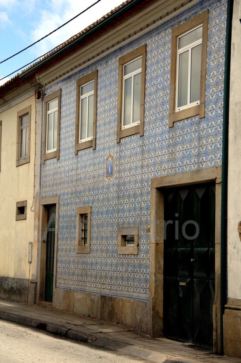 May include: A building with a blue and white tiled facade. The building has several windows and a green door. The tiles are arranged in a repeating pattern.