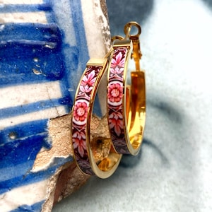 Pendientes Atrio de aro con azulejos rojos de Portugal, azulejo antiguo, oro rosa, acero inoxidable, envío desde EE. UU., regalo para ella.