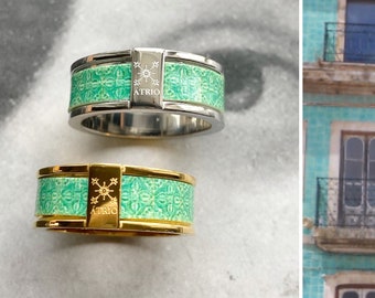 Atrio Ring Tile Portugal Turquoise Azulejo Caldas da Rainha Stainless Steel  Hypo Allergenic