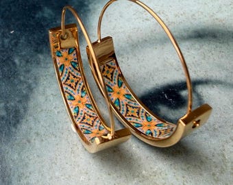 Spanish Tile Hoop Earrings Spain Plaza de Espana Seville Tile Atrio Tiles Boho small Hoop ethnic Earrings Green Brown 1" Gold or Silver Tone