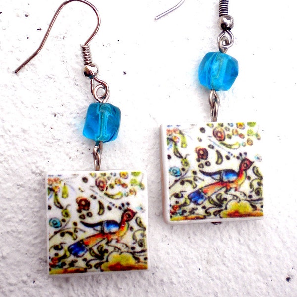 COIMBRA Portugal 17th Century  Pottery Earrings with BIRD  Waterproof and Reversible 460