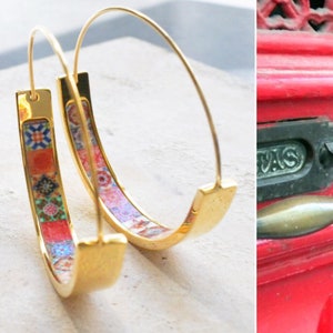 Earrings Atrio Hoops Tile Portugal Stainless Steel Antique Azulejo -  1.50&quot;  Bold Color Talavera Tiles USA Shipping