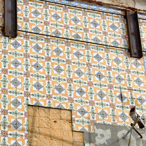 Puede incluir: Una fachada de edificio con un patr&oacute;n geom&eacute;trico de azulejos azules, amarillos, verdes y rosas. Los azulejos est&aacute;n dispuestos en un patr&oacute;n repetitivo de cuadrados y diamantes. Hay dos palomas posadas en el edificio.