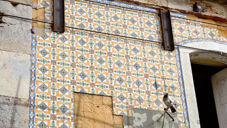 Puede incluir: Una fachada de edificio con un patr&oacute;n geom&eacute;trico de azulejos azules, amarillos, verdes y rosas. Los azulejos est&aacute;n dispuestos en un patr&oacute;n repetitivo de cuadrados y diamantes. Hay dos palomas posadas en el edificio.