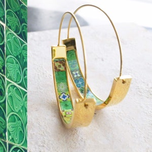 Hoops Earrings Atrio Hoop Tile Portugal Stainless Steel Antique Azulejo -  1.50"  Green Tiles Ships from USA Hypo allergenic