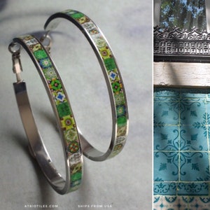 Earrings ATRIO Jewelry Hoops Tile Portugal Stainless Steel Antique Azulejo -  2" or 5cm  Green Tiles Ships from USA