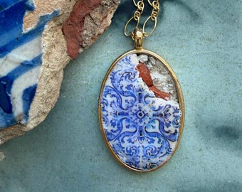 Atrio Necklace Portugal Chipped 3D Tile Azulejos Delft Quinta Bacalhôa Azeitão and Óbidos Romantic Cherubs Mural  14k GF or 925 Silver chain