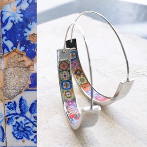 Hoops Earrings ATRIO Tile Flat Bottom Portugal Stainless Steel Antique Azulejo -  1.50&quot;  Red and Pink Tiles USA Shipping
