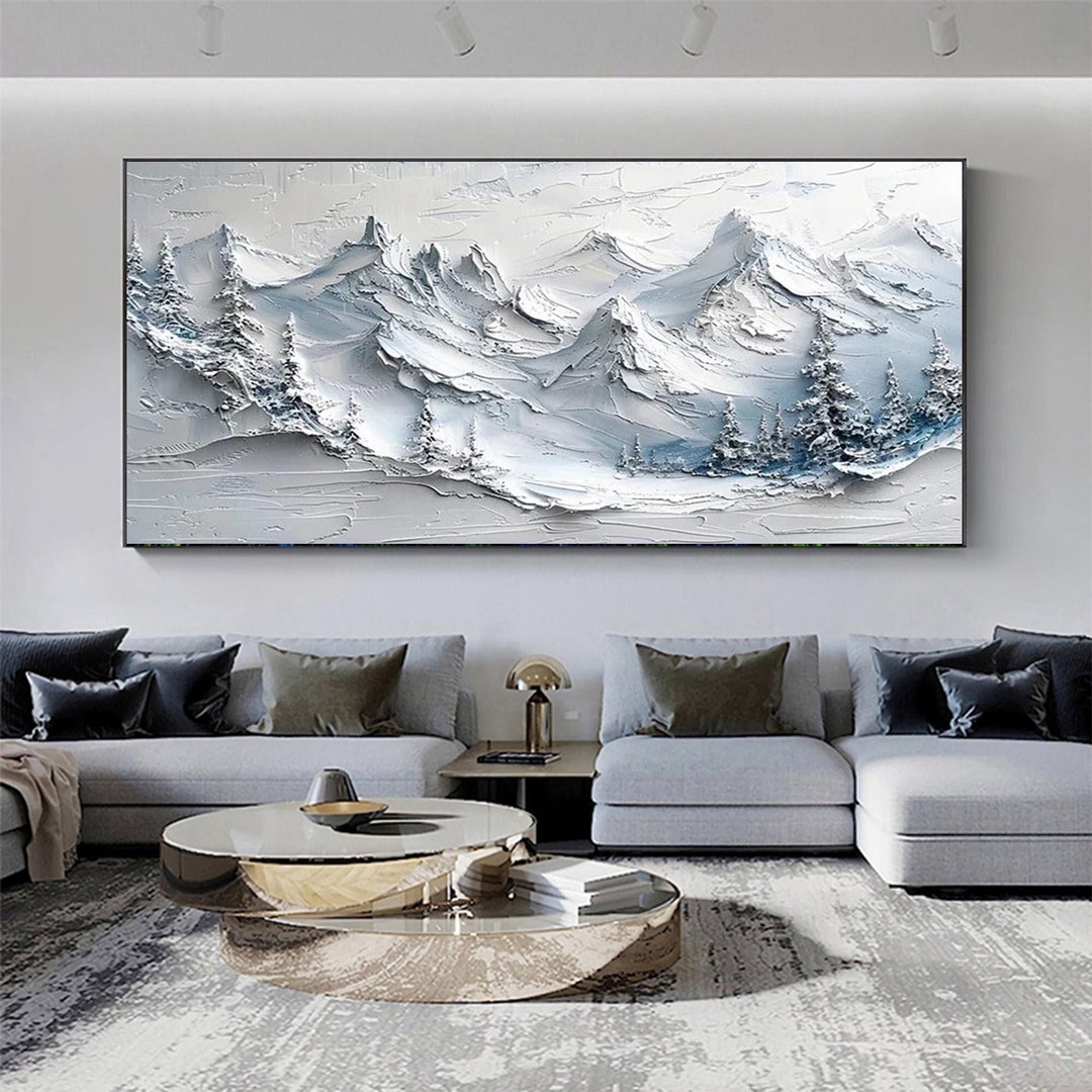 Original Texture Winter Mountain Art, Snowy Landscape Canvas, White ...