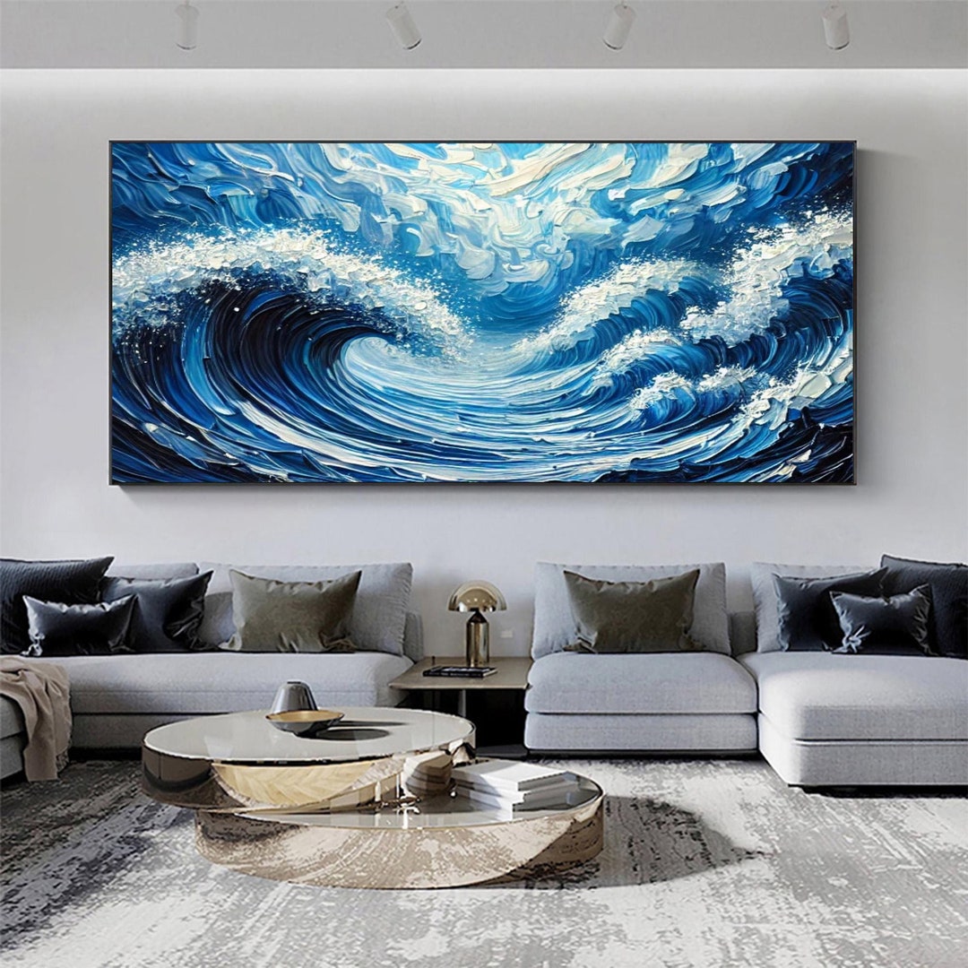 Original Blue Ocean Oil Painting on Canvas Large Abstract Texture Sea ...