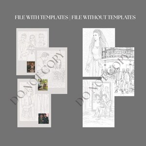 May include: Two sets of black and white line art illustrations, one with templates and one without. The illustrations depict scenes of people, including wedding portraits and a street scene. The text "FILE WITH TEMPLATES | FILE WITHOUT TEMPLATES" is at the top.