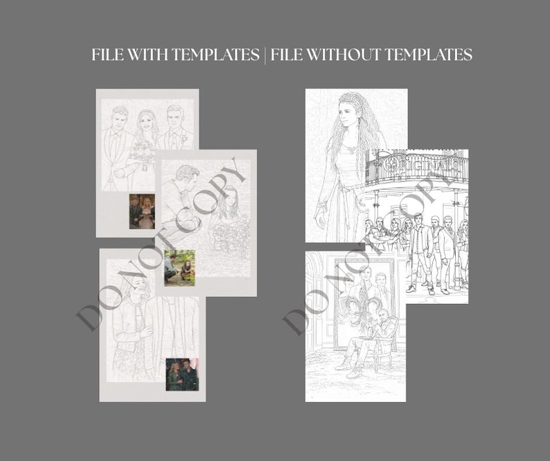 May include: Two sets of black and white line art illustrations, one with templates and one without. The illustrations depict scenes of people, including wedding portraits and a street scene. The text "FILE WITH TEMPLATES | FILE WITHOUT TEMPLATES" is at the top.