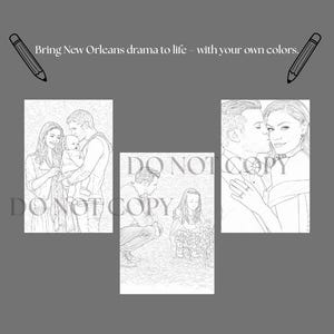 May include: Black and white line art illustrations of family portraits. The images include a family with a baby, a man kneeling with a girl, and a couple kissing. Text reads: Bring New Orleans drama to life - with your own colors.