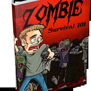 Op de afbeelding: Een rood boek met de titel "Zombie Survival 101" in zwarte letters. De omslag toont een cartoonillustratie van een man die wegrent van een groep zombies.