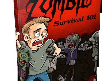 May include: A red book with the title "Zombie Survival 101" in black lettering. The cover features a cartoon illustration of a man running away from a group of zombies.