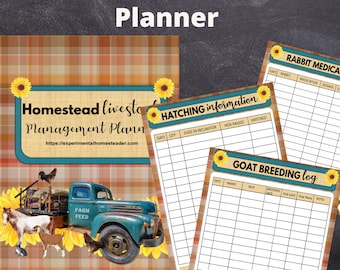 Könnte beinhalten: Ein Planer mit dem Text "Homestead Livestock Planner" und "Homestead Livestock Management Planner". Das Design umfasst einen Oldtimer-Truck, Nutztiere, Sonnenblumen und Seiten zur Aufzeichnung von Daten.