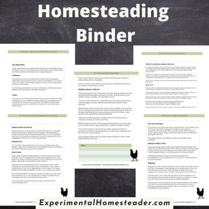 May include: A black and white graphic of a "Homesteading Binder" with text and illustrations. The binder includes information on various homesteading topics, such as raising insects, selling on Etsy, and starting a yard sale. The website address "ExperimentalHomesteader.com" is also visible.
