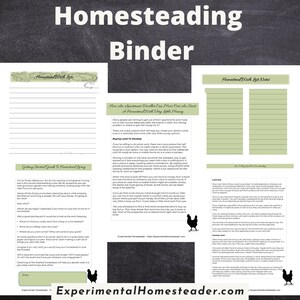 May include: A printed homesteading binder with the title "Homesteading Binder" at the top. The binder includes sections for a homestead wish list, notes, and guides on starting a homestead. The background is a chalkboard style.