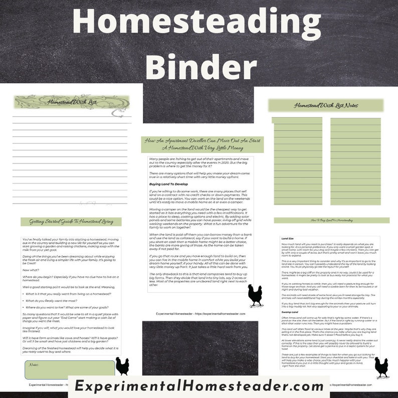 May include: A printed homesteading binder with the title "Homesteading Binder" at the top. The binder includes sections for a homestead wish list, notes, and guides on starting a homestead. The background is a chalkboard style.