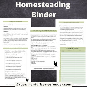 May include: A printed homesteading binder with the title "Homesteading Binder" at the top. The binder includes text about gardening tools, garden care, and a monthly egg collection chart. The website ExperimentalHomesteader.com is at the bottom.