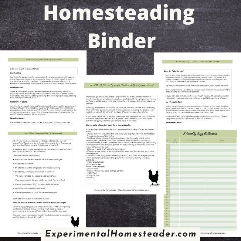 May include: A printed homesteading binder with the title "Homesteading Binder" at the top. The binder includes text about gardening tools, garden care, and a monthly egg collection chart. The website ExperimentalHomesteader.com is at the bottom.