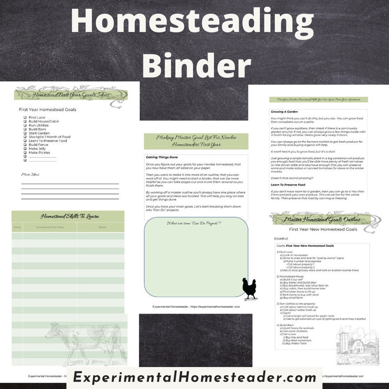 May include: A binder with the title "Homesteading Binder" in large white letters. The binder includes pages with headings like "First Year Homestead Goals" and "Homestead Skills To Learn". The pages have a green and white color scheme.
