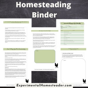 May include: A black and white image of a "Homesteading Binder" with text and checklists. The binder includes sections on buying land, homesteading tips, and a checklist for land purchases. The website ExperimentalHomesteader.com is also visible.